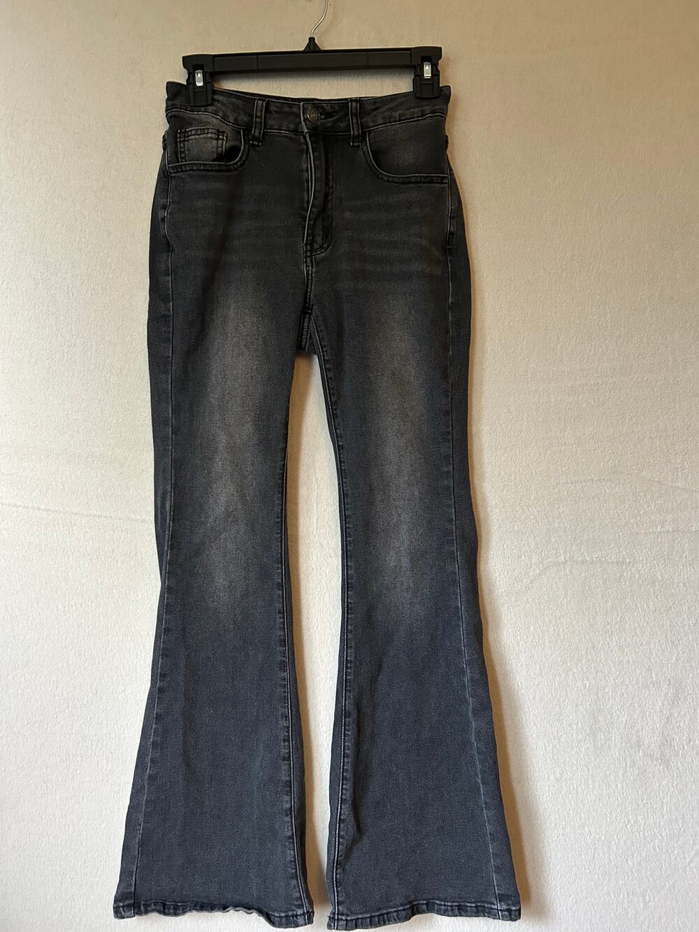 ROMWE Bell Bottom Jeans Black Fade Cross Embellished Flare Y2K Gothic Dark